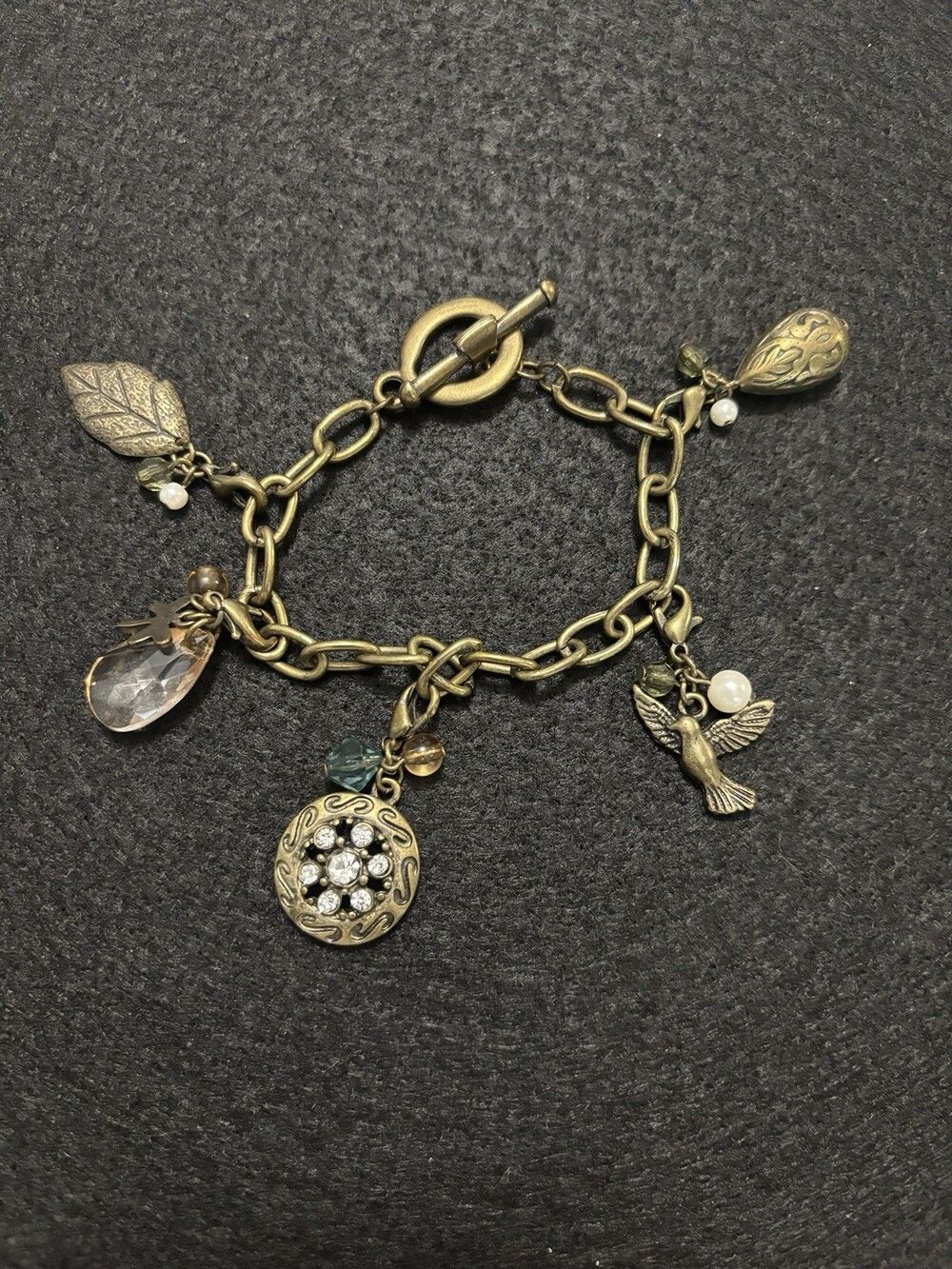 Vintage Antique Bronze Tone Chain Link Detachable Charm Bracelet Leaf Dragonfly